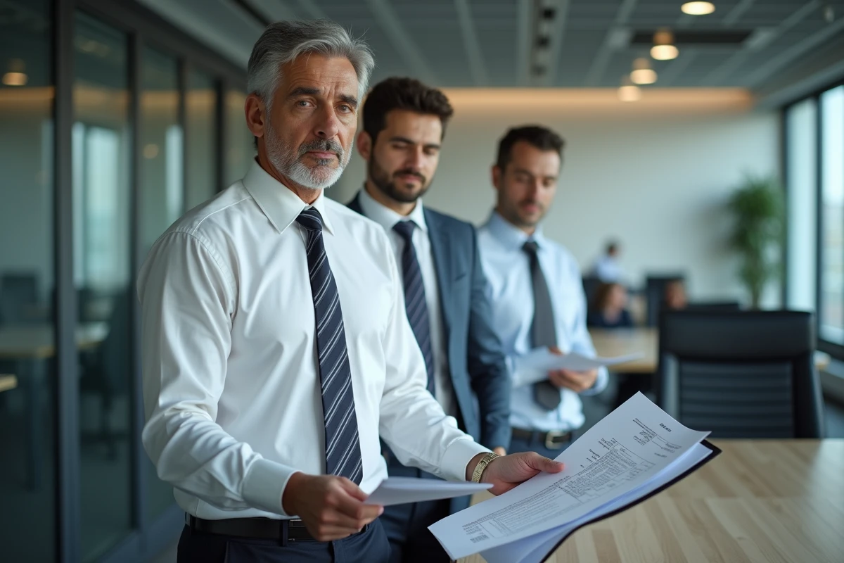 Homme d âge moyen expliquant des factures dans une salle de réunion