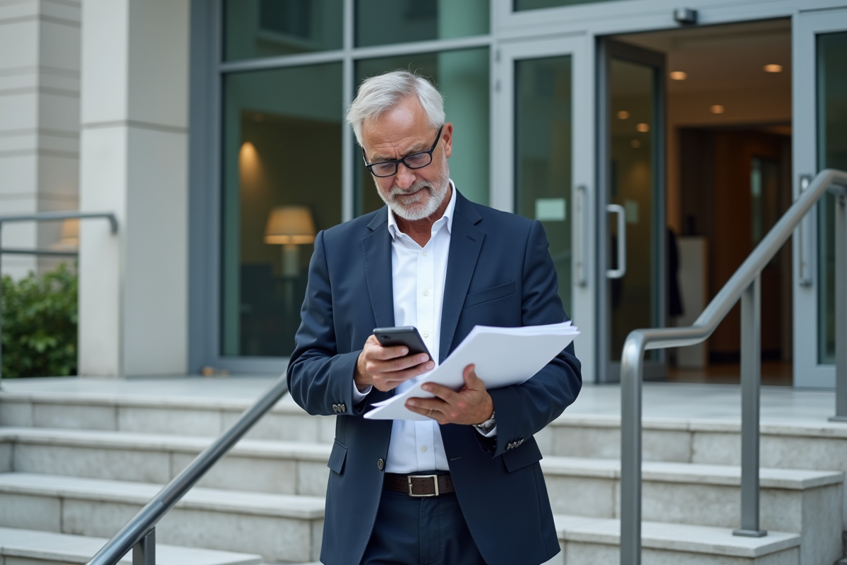 Homme d âge moyen consulte son smartphone devant un bâtiment