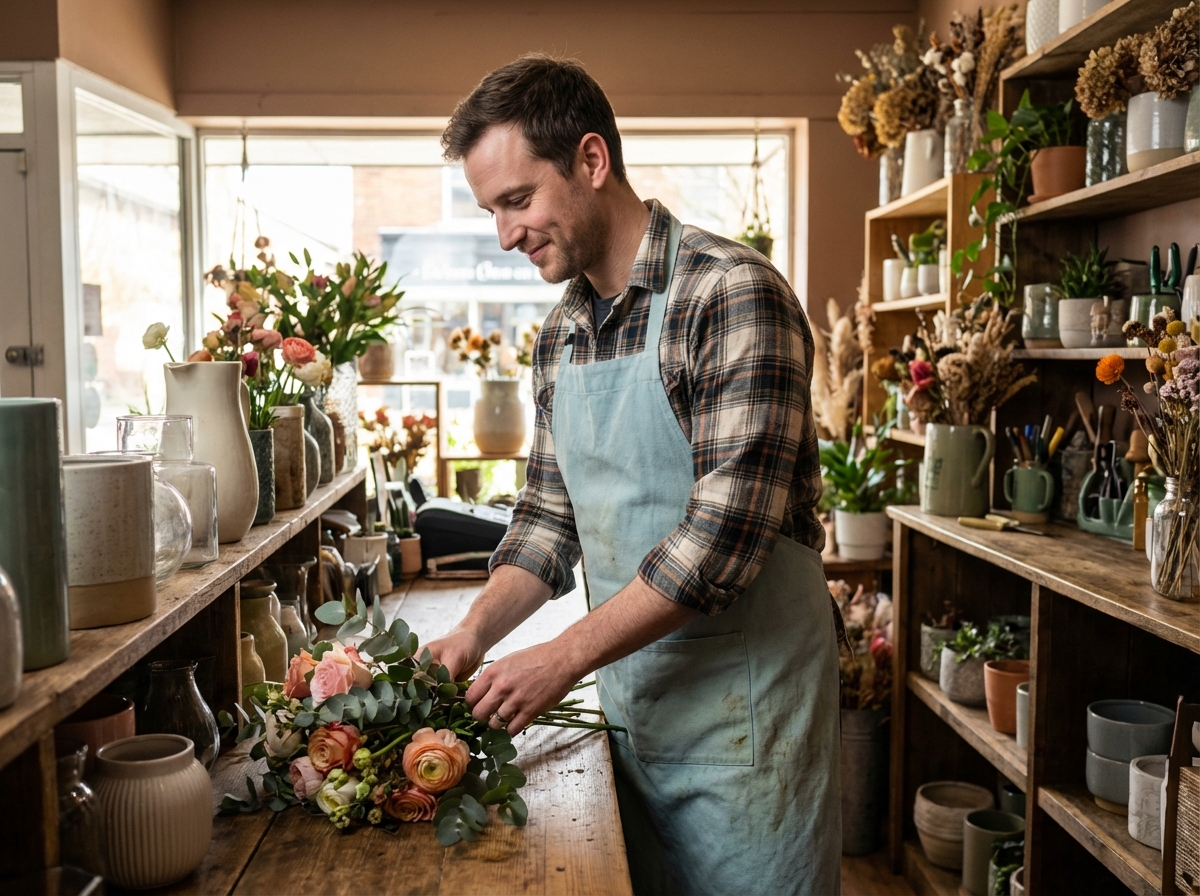 Homme arrangeant des fleurs dans une boutique chaleureuse