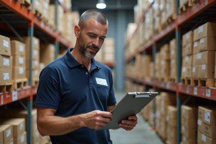 Homme inspectant des palettes en entrepôt logistique