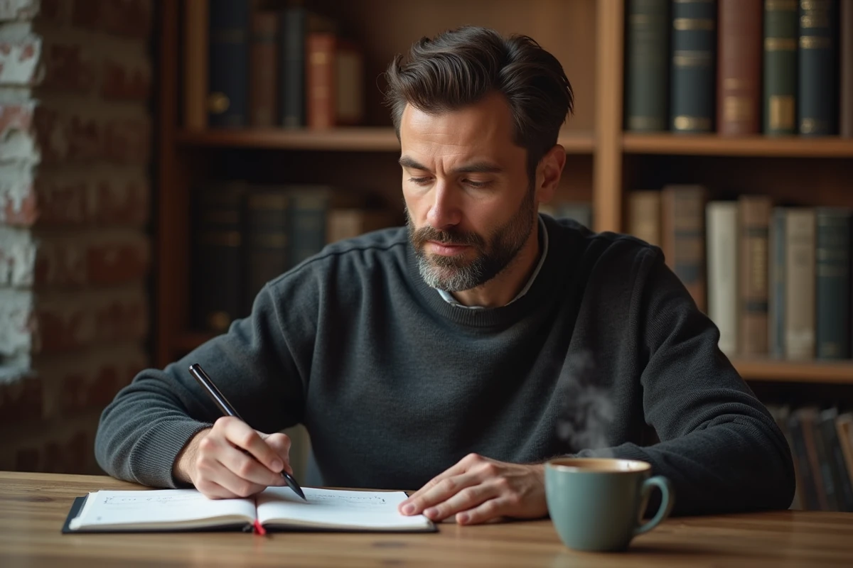 Homme leader introspectif prenant des notes dans un espace de coworking, alliant r&eacute;flexion personnelle et leadership authentique