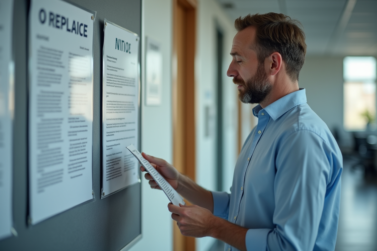 Homme lisant un document officiel dans un couloir