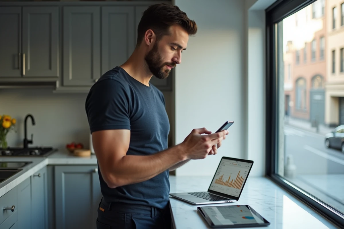 Homme entrepreneur consultant une offre groupée sur son smartphone avec des statistiques de vente visibles sur une tablette posée sur un comptoir moderne