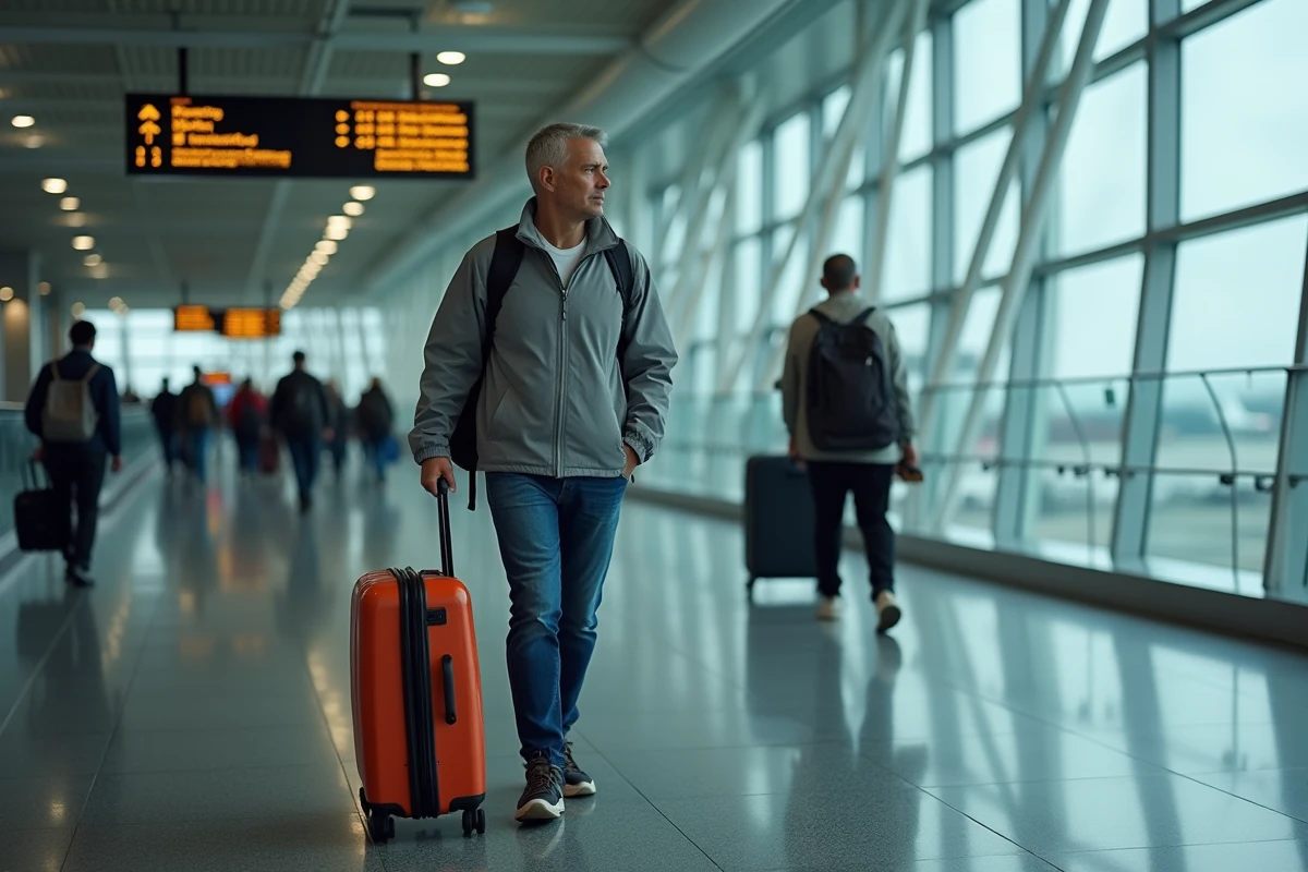Homme avec valise regardant les panneaux de direction dans un aéroport