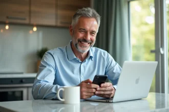 Homme souriant utilisant une application de voyage sur smartphone