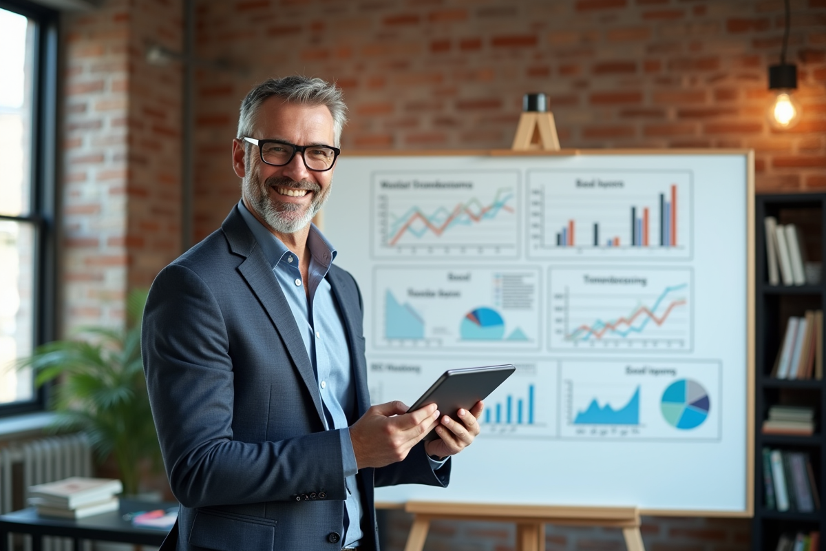 Homme en costume analyse diagrammes SEO sur tableau blanc dans un espace de coworking