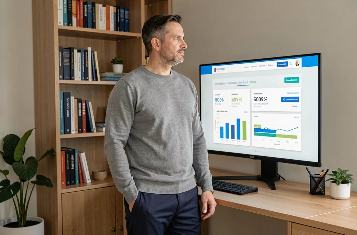 Homme en télétravail consultant une plateforme de comparaison de salaires sur un grand écran dans un bureau à domicile