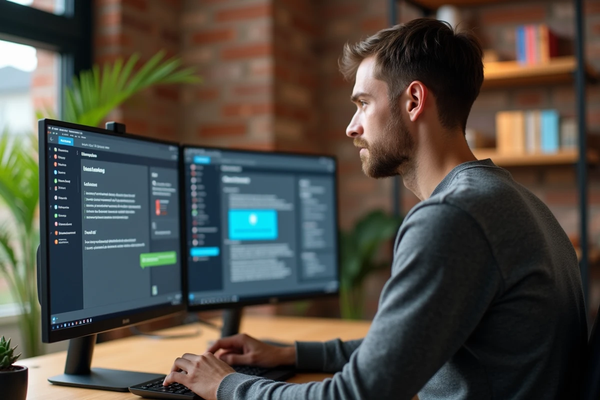 Homme en télétravail configurant une intégration sans code entre Mistral IA Le Chat et un logiciel CRM sur deux écrans