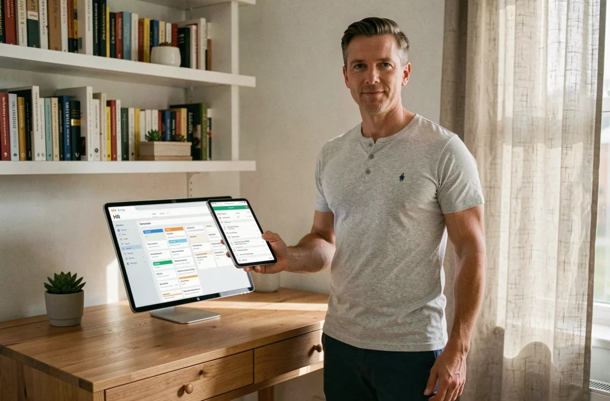 Homme en télétravail consultant une plateforme de gestion RH sur une tablette dans un bureau à domicile