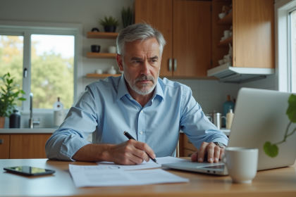 Homme d'âge moyen travaillant à la maison avec papiers et ordinateur