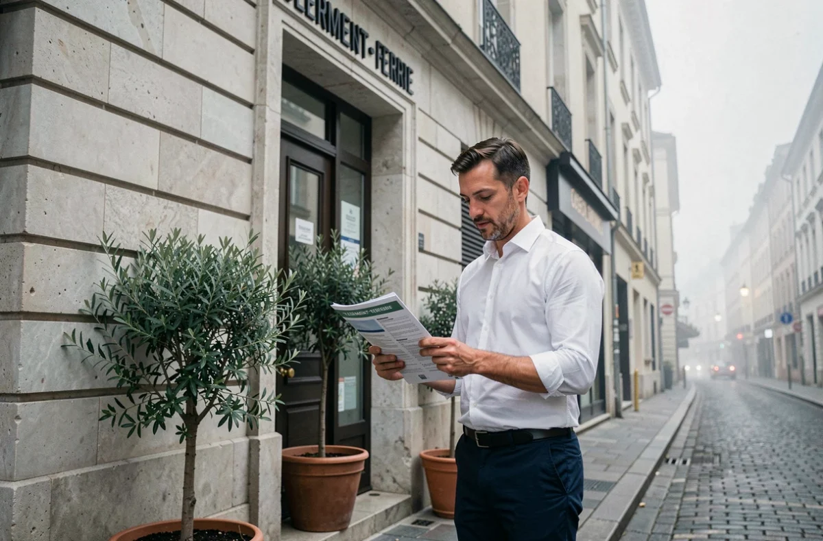 Homme consultant une brochure de location devant un immeuble de bureaux à Clermont-Ferrand