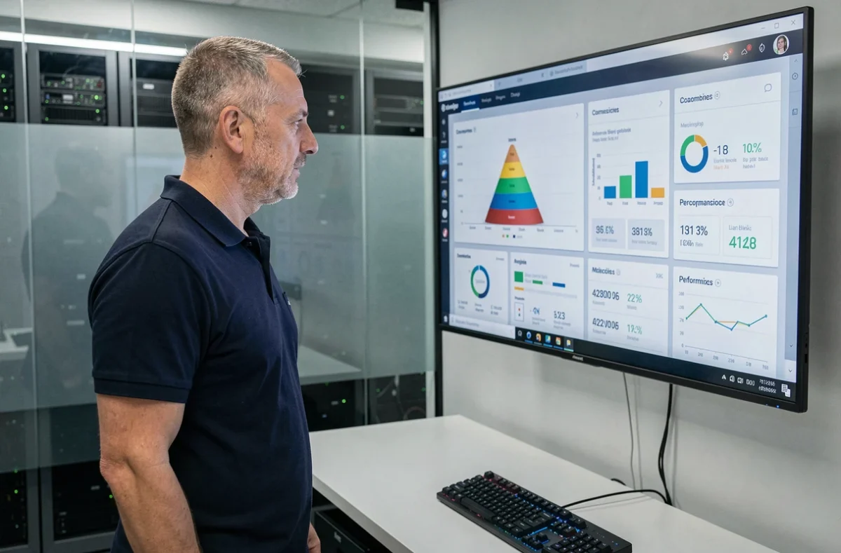 Stratège digital d'IMPREX Digital Lab analysant des indicateurs de performance sur un écran mural dans un bureau high-tech en Alsace