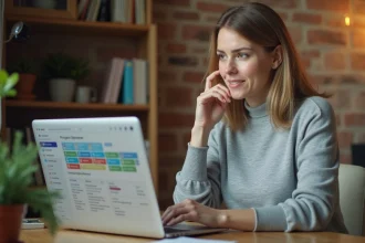 Indépendante en télétravail utilisant un outil de gestion de projet collaboratif sur ordinateur portable dans un bureau à domicile chaleureux