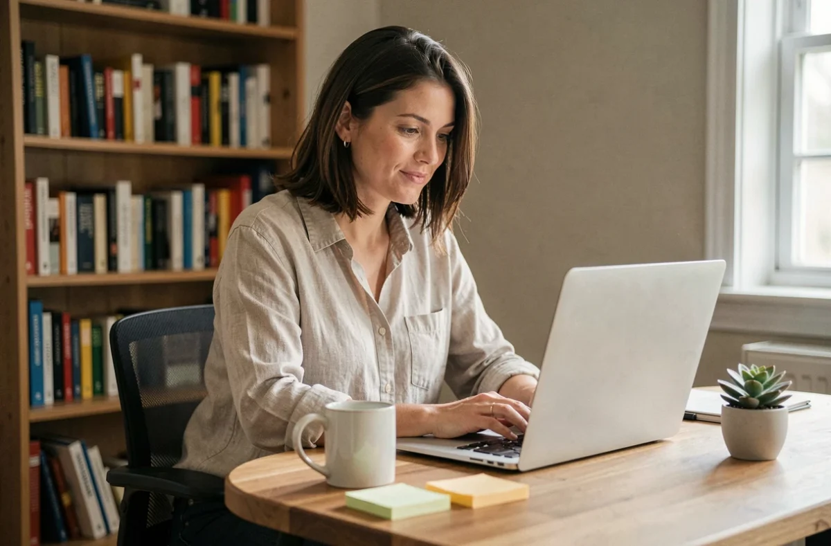 Travailleuse indépendante en portage salarial gérant son activité depuis un bureau à domicile