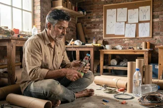 Entrepreneur pratiquant l'innovation jugaad dans un atelier modeste avec des matériaux de récupération