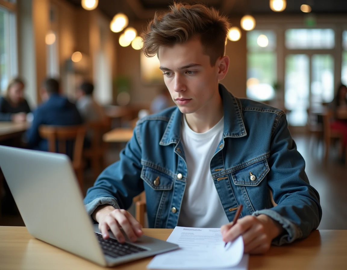 Jeune auto-entrepreneur remplissant en ligne son dossier de création de micro-entreprise sur le site de l'URSSAF