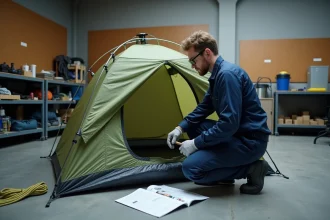 Technicien inspectant les composants internes d'une tente 5 places Fouineteau en atelier, bonnes pratiques de montage
