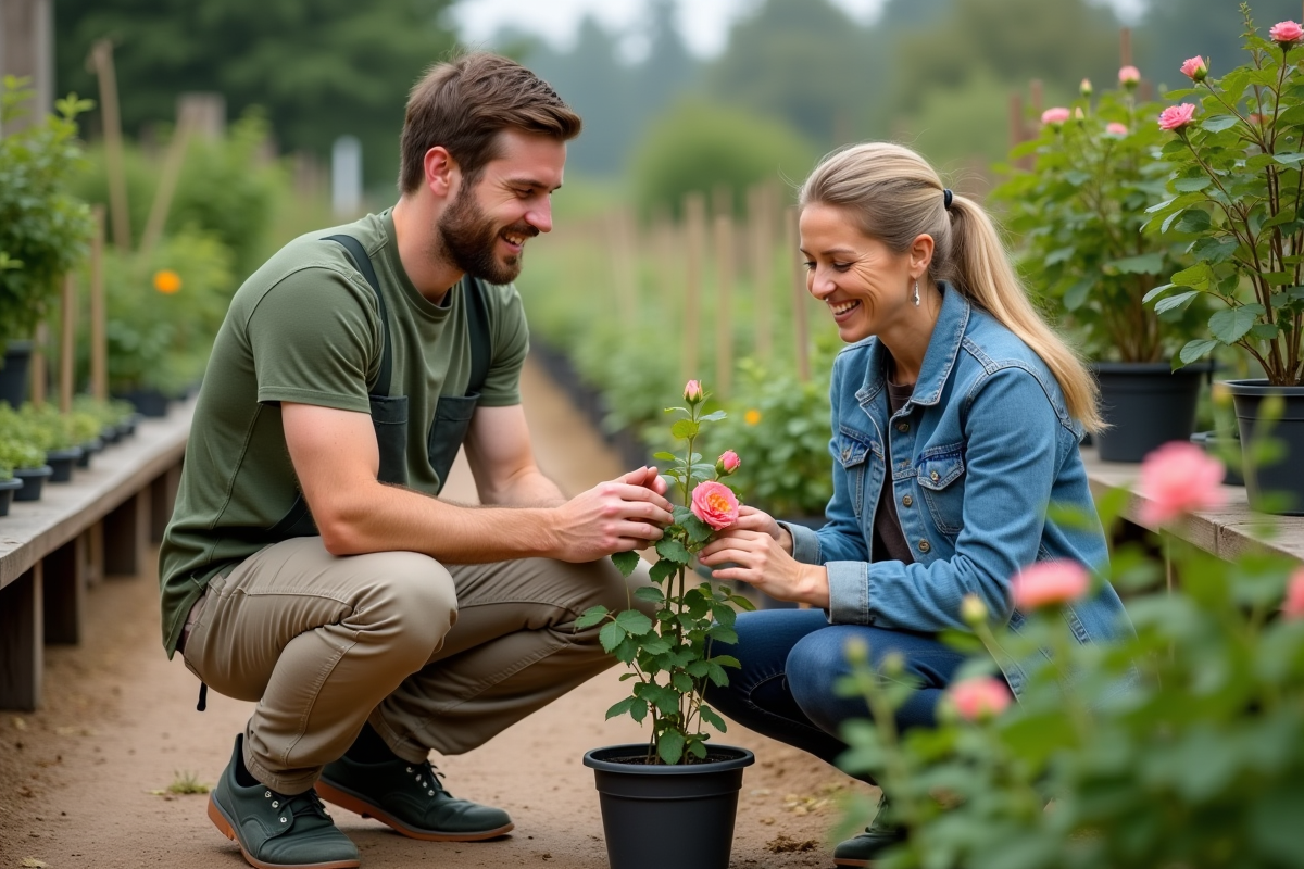 Jeune jardinier et cliente examinant un rosier en nurserie