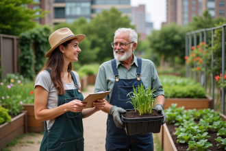 Femme souriante discutant avec un homme dans un jardin communautaire