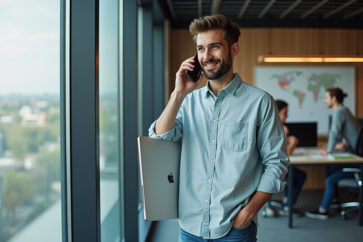 Jeune entrepreneur parlant au téléphone dans un bureau moderne