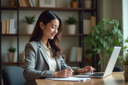 Jeune femme professionnelle travaillant sur un ordinateur dans un espace coworking