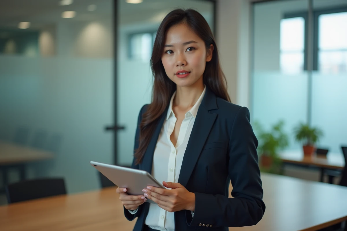 Jeune femme en tenue professionnelle tenant une tablette avec graphiques juridiques