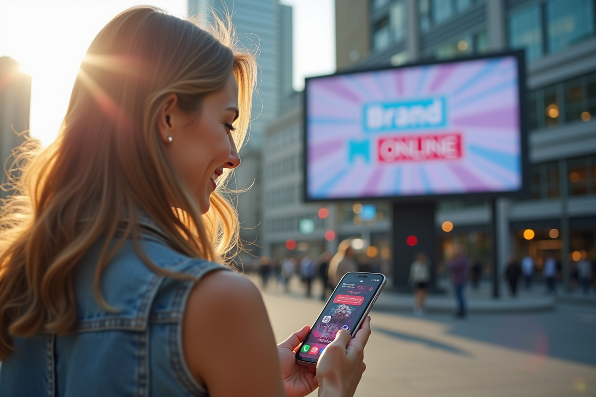 jeune femme souriante avec smartphone en ville