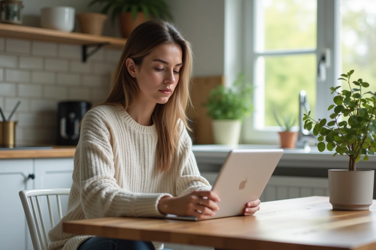 Jeune femme en sweater regardant sa tablette &agrave; la maison