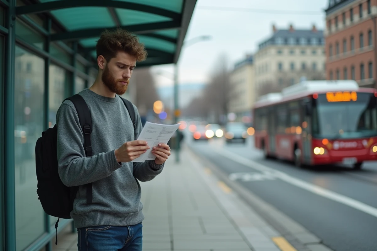 Jeune homme lisant une notification à un arrêt de bus urbain