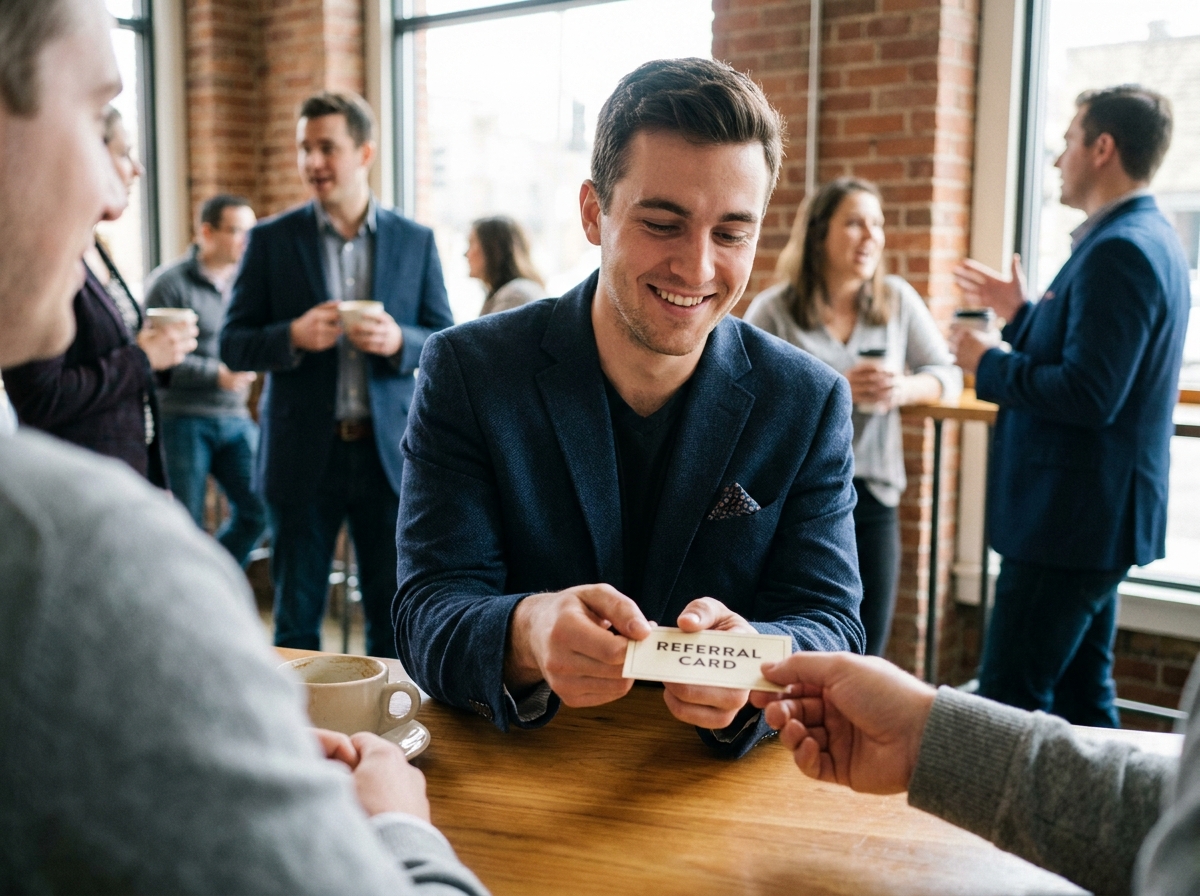 Jeune homme en blazer tendant une carte de recommandation dans un caf&eacute;