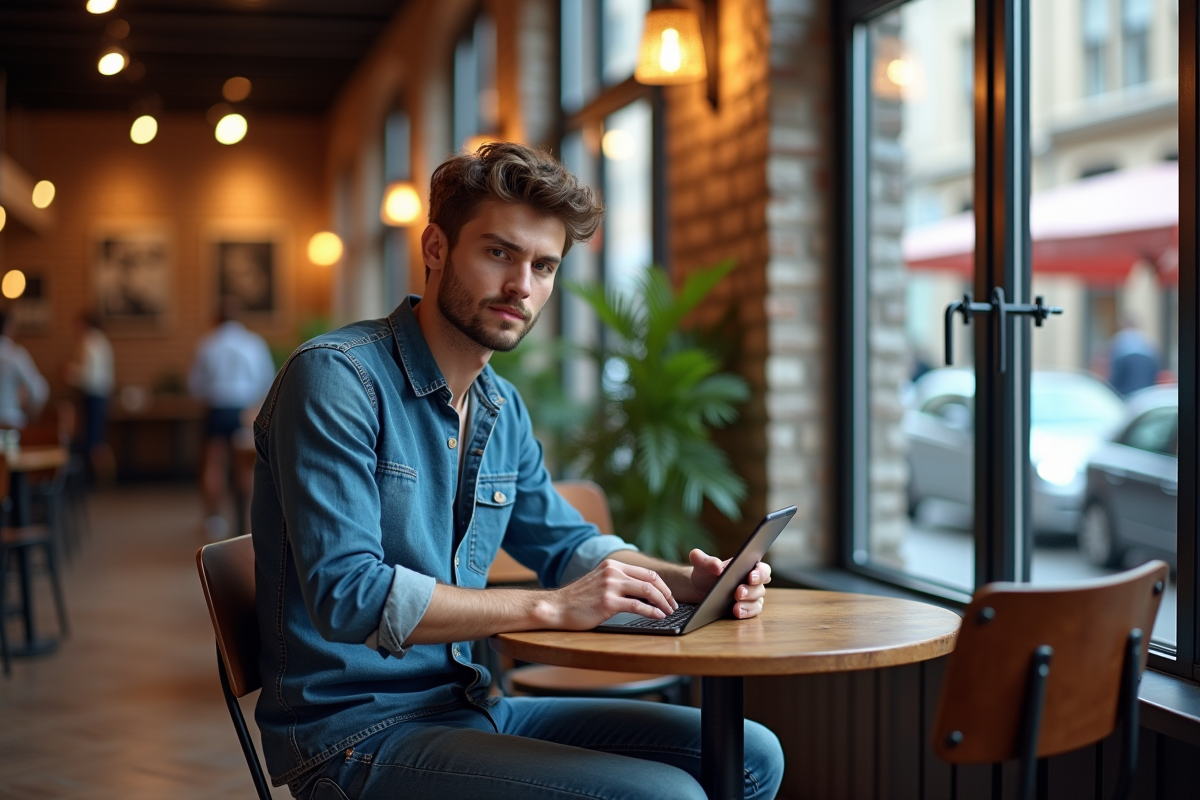 Jeune homme au café utilisant une tablette avec vue urbaine