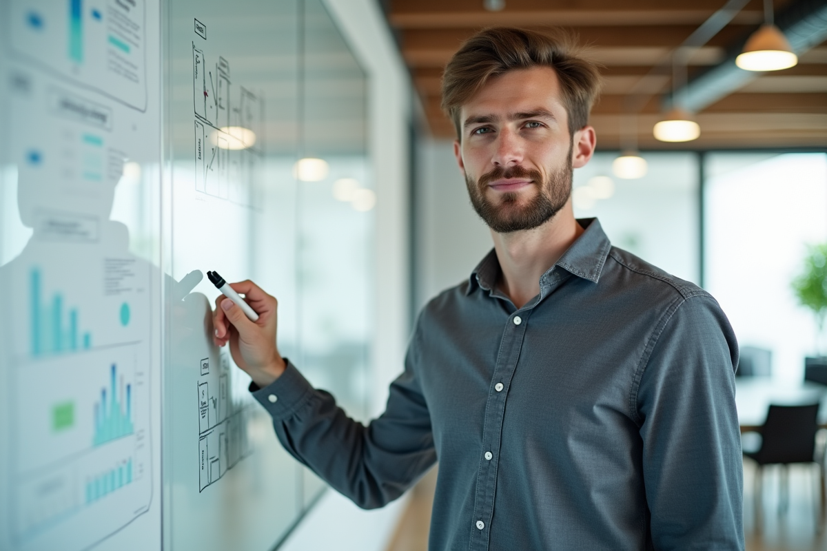 Jeune homme en réunion avec tableau blanc et diagrammes