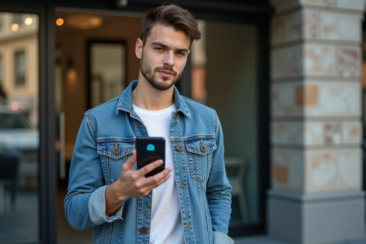 Jeune homme avec smartphone à empreinte biométrique en extérieur