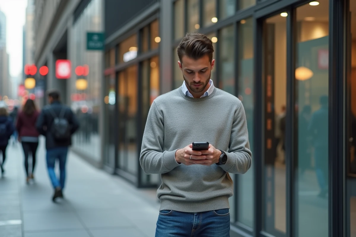 Jeune homme dans la rue regardant son smartphone