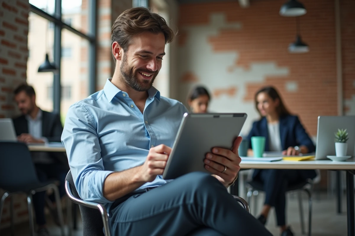 Jeune chef de projet regardant un diagramme sur une tablette dans un espace de coworking