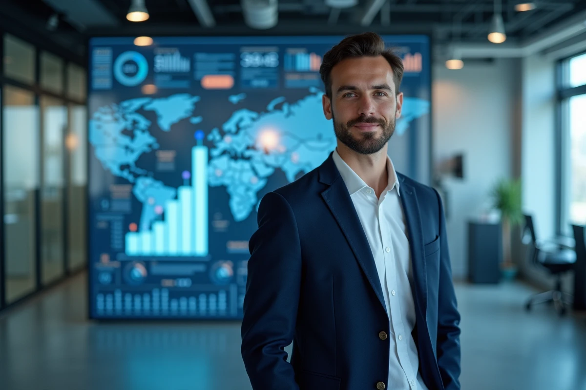 Jeune marketeur devant un mur digital avec graphiques de croissance