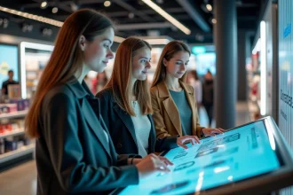 Groupe de jeunes adultes utilisant un kiosque digital dans un magasin moderne