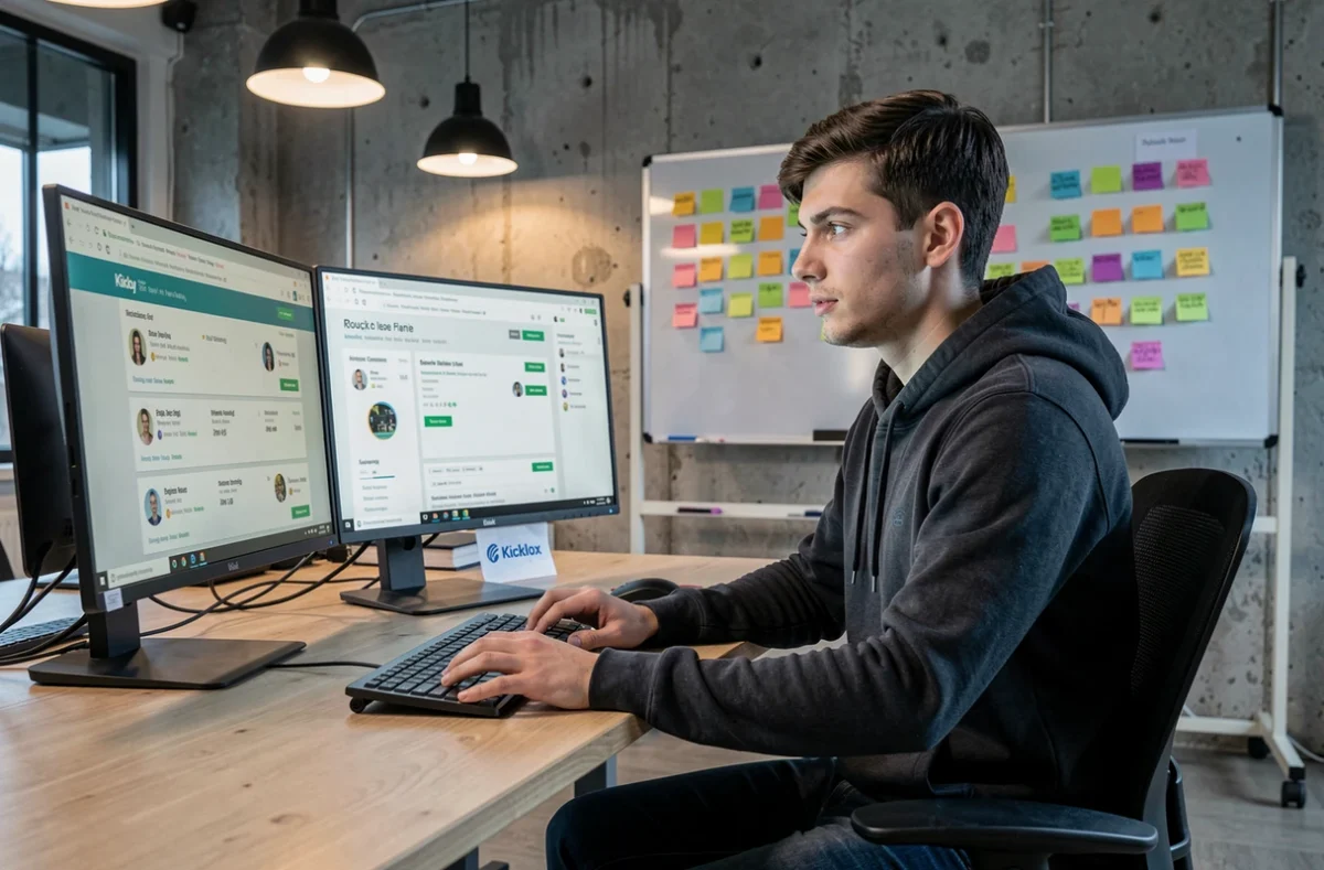 Recruteur de Kicklox travaillant sur des profils d'ingénieurs dans un espace de travail au style startup moderne