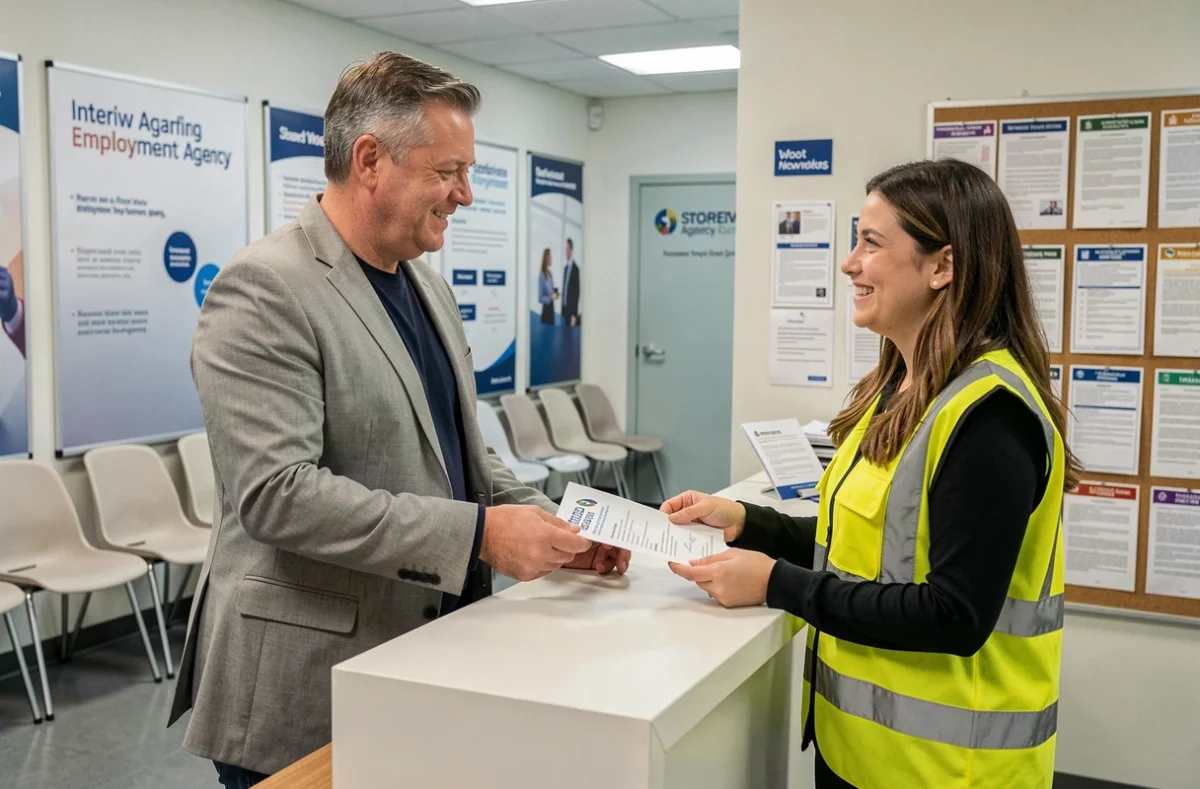 Responsable de Leader Intérim et Recrutement CDI remettant un contrat à une candidate ouvrière dans les locaux de l'agence