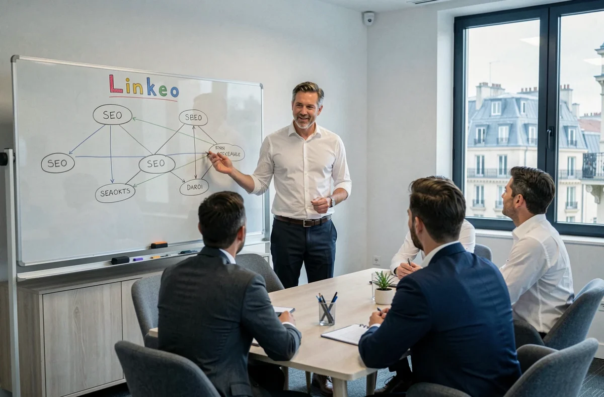 Équipe de l'agence Linkeo lors d'une réunion stratégique SEO avec un schéma d'entonnoir dessiné sur un tableau blanc dans une salle de réunion professionnelle