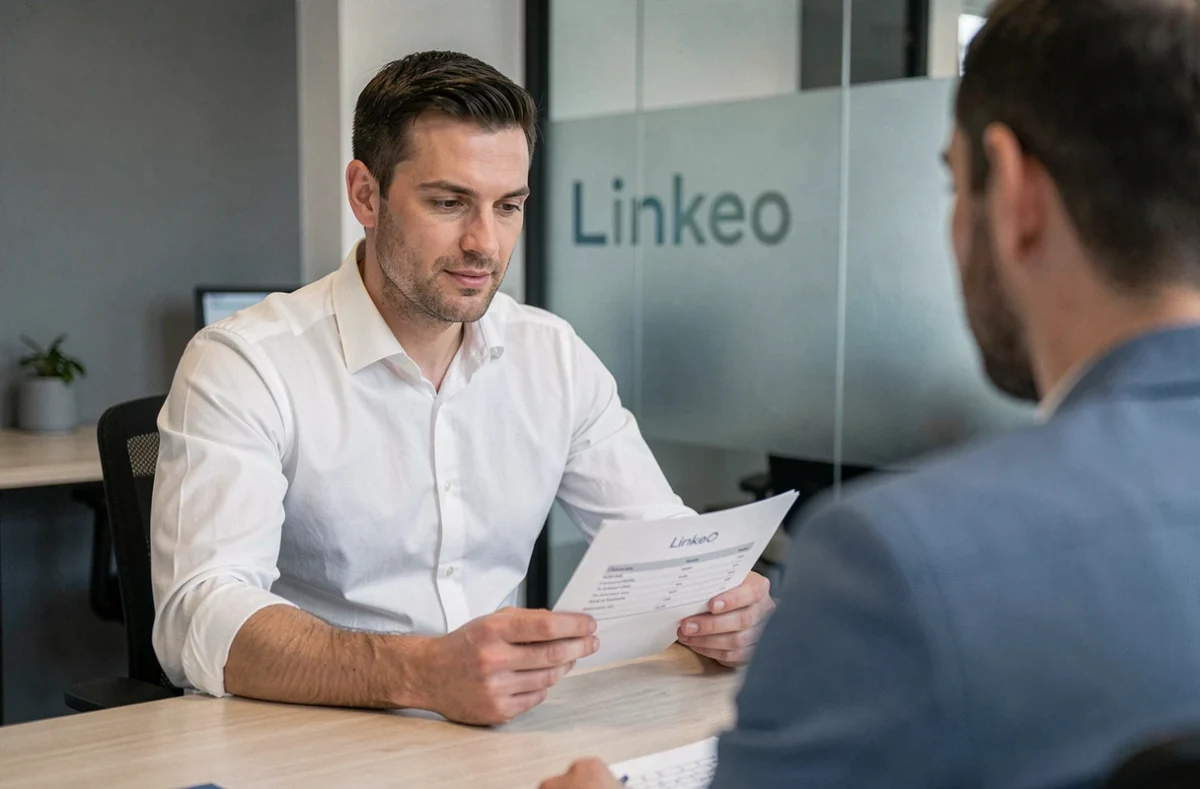 Consultant de Linkeo Strasbourg discutant d'un rapport SEO local avec un client dans un bureau professionnel