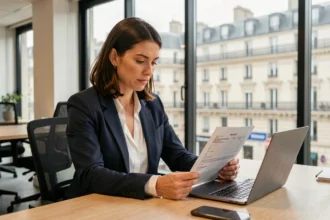 Femme professionnelle consultant un contrat de location de bureau dans un espace de coworking à Argenteuil