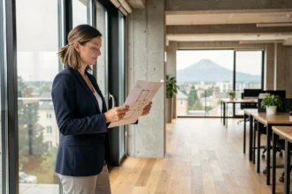 Femme professionnelle évaluant un espace de bureau moderne à Clermont-Ferrand avec vue sur le Puy-de-Dôme