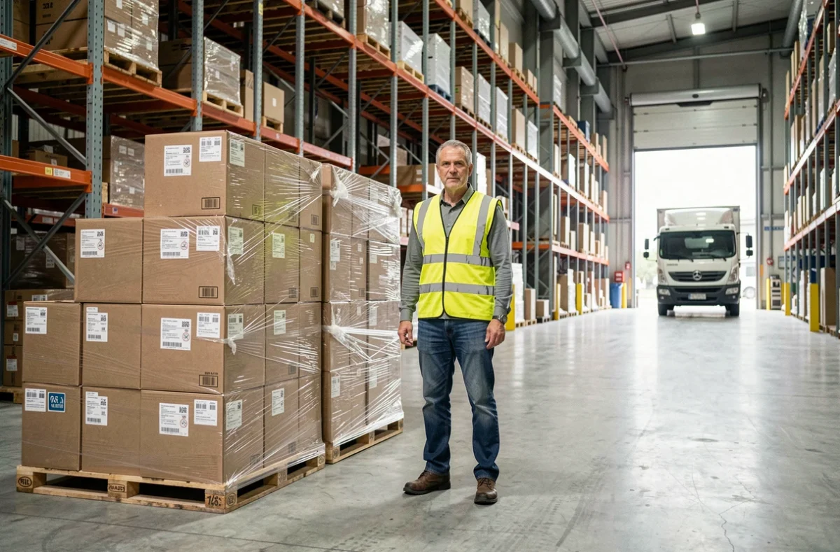 Logisticien en entrepôt industriel inspectant des palettes de marchandises prêtes pour une expédition internationale sous incoterm DDP