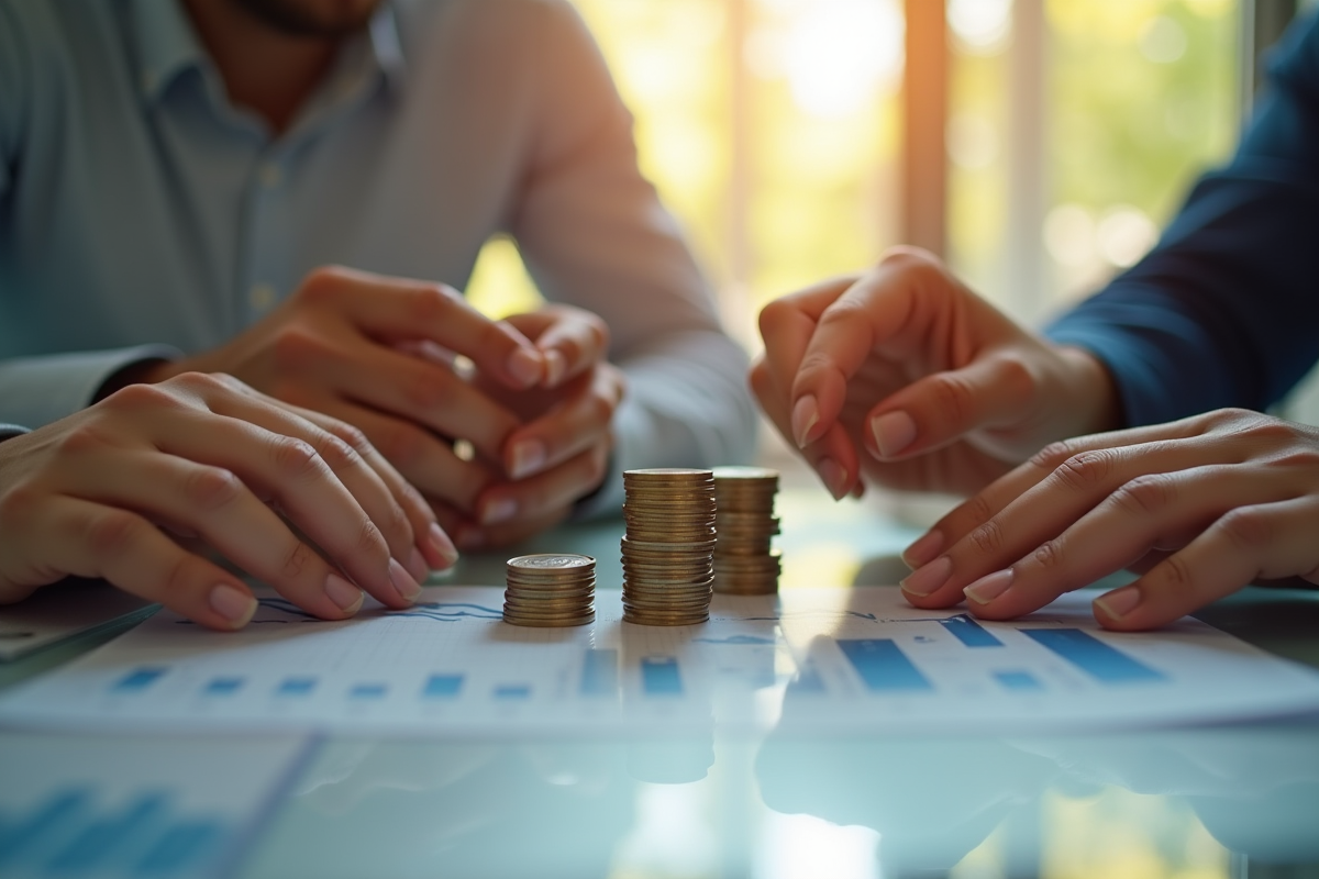 Mains diverses empilant des pièces de monnaie sur un bureau lumineux
