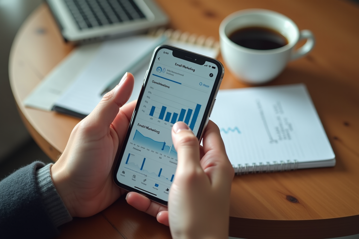 Mains tenant un smartphone affichant un tableau de bord marketing