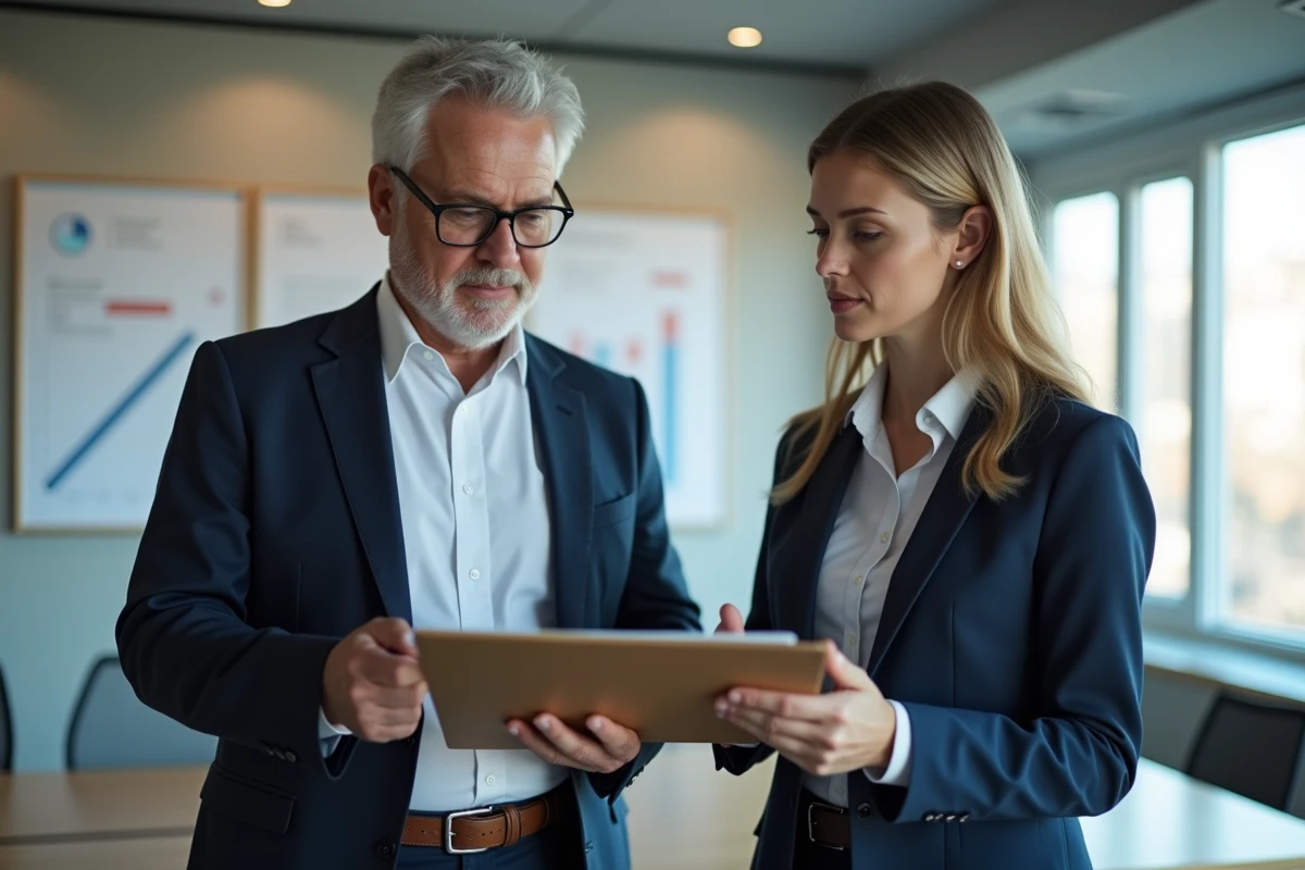 Manager homme en costume bleu avec collègue femme en bureau moderne
