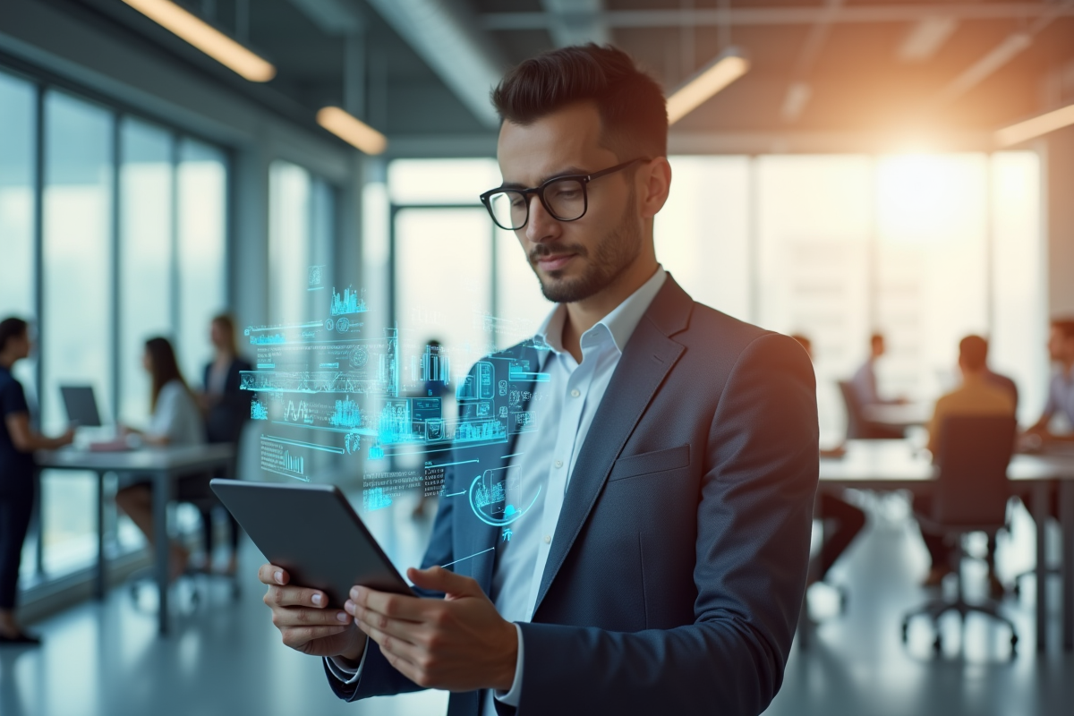 Manager RH avec tablette et données holographiques