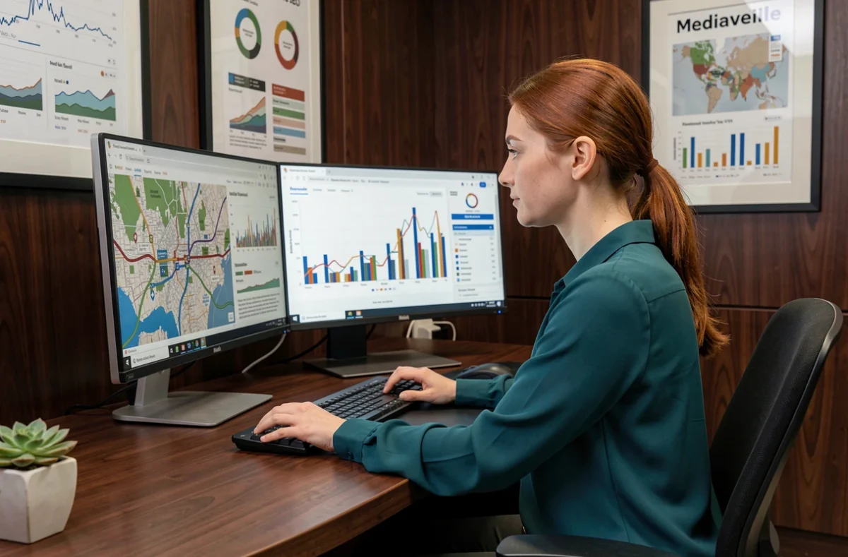 Analyste de l'agence Mediaveille examinant des données SEO locales et des graphiques de performance sur plusieurs écrans dans un bureau élégant