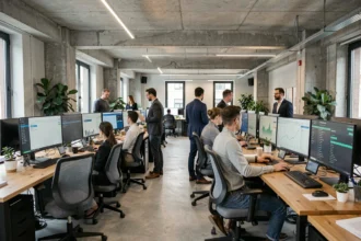 Agence SEO dans la Marne : équipe de professionnels travaillant sur des tableaux de bord d'analyse et de référencement naturel dans un bureau moderne à Reims